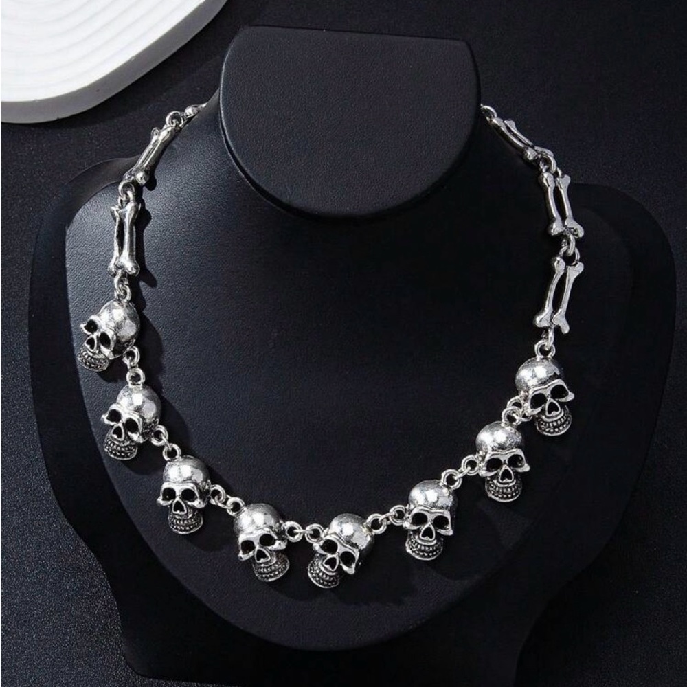 Silver Skull Choker Necklace - Picture 2 of 5